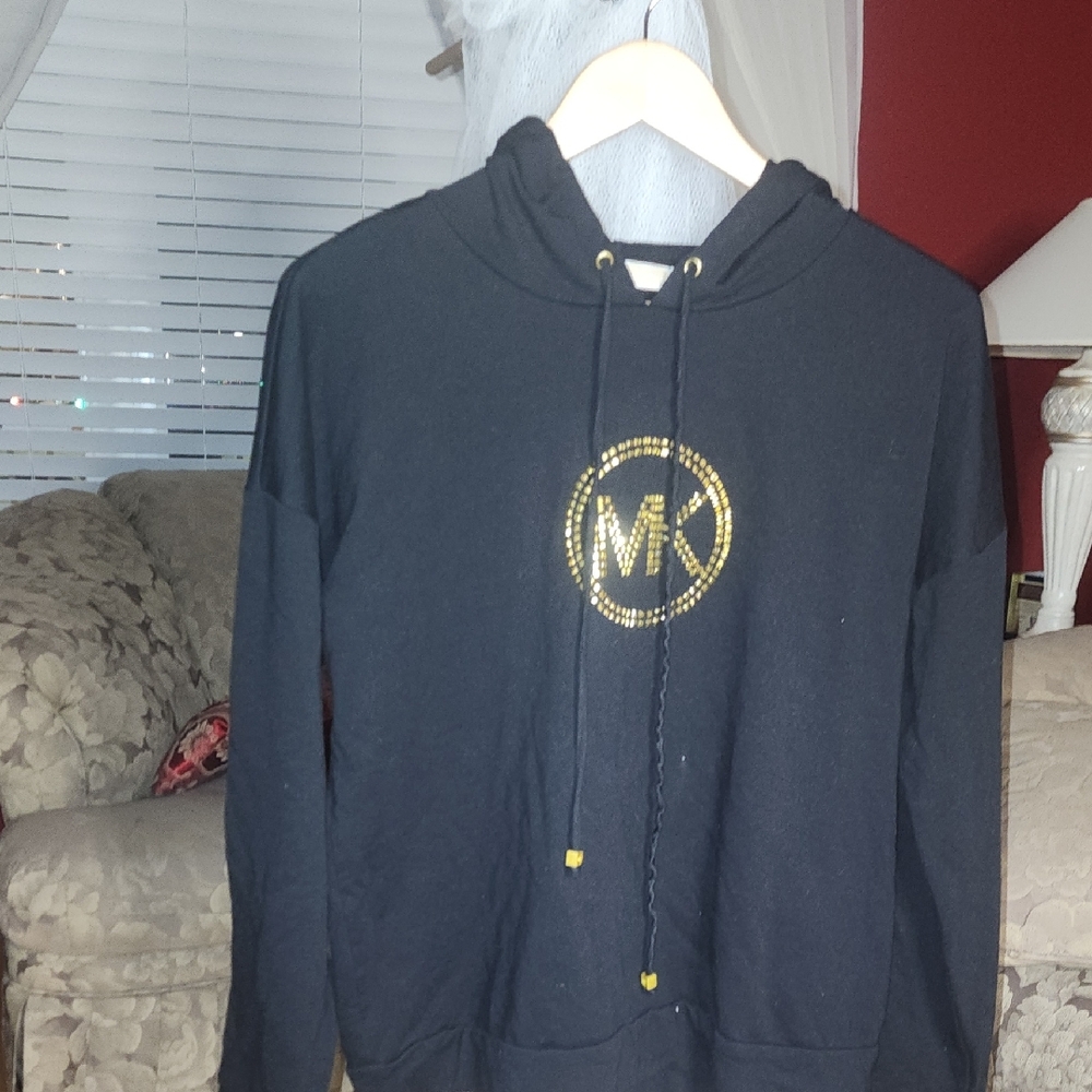Michael Kors Hoodie Womens L Black MK Gold Studded Logo Pullover Top